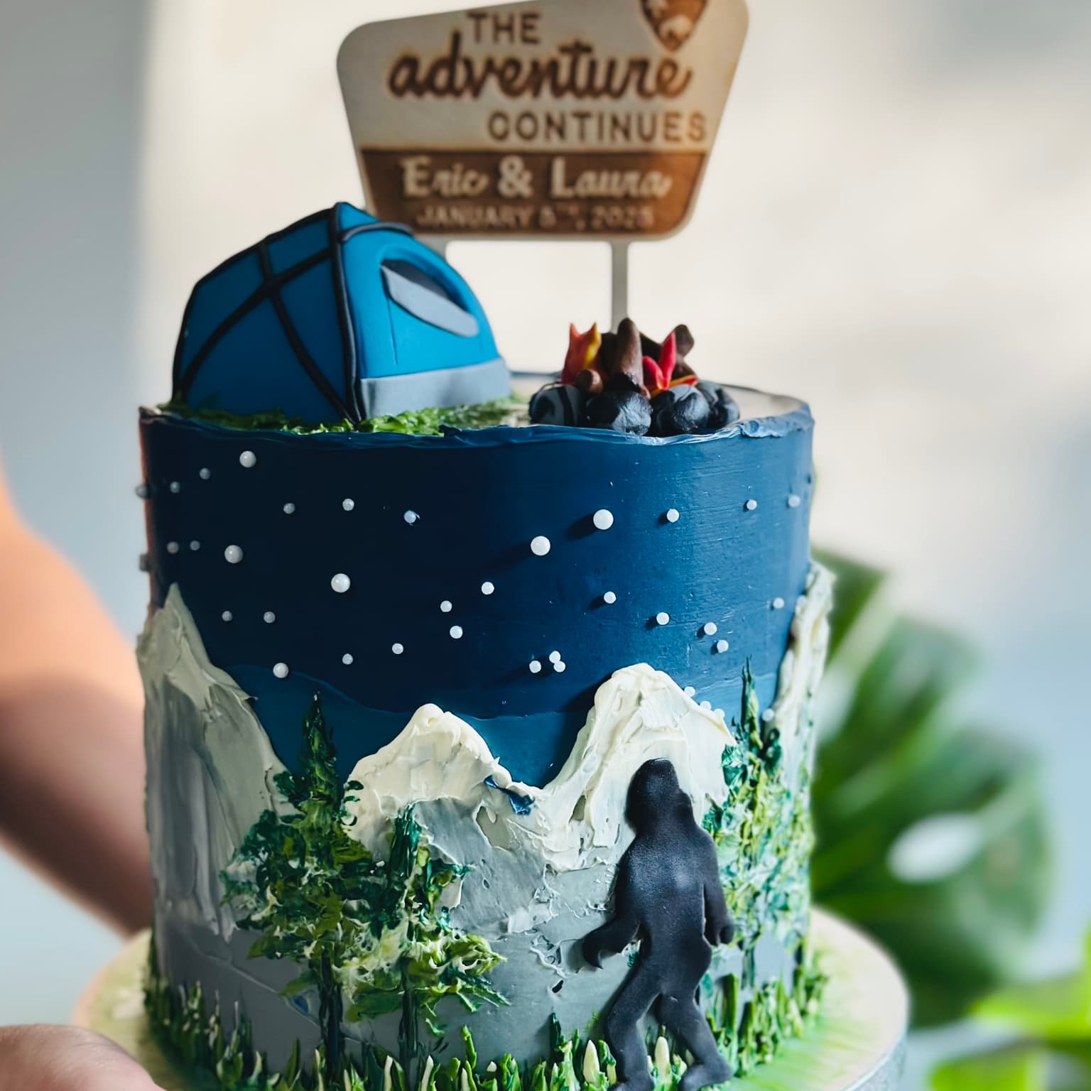 100% edible fondant sculpted stary night camping scene wedding cake