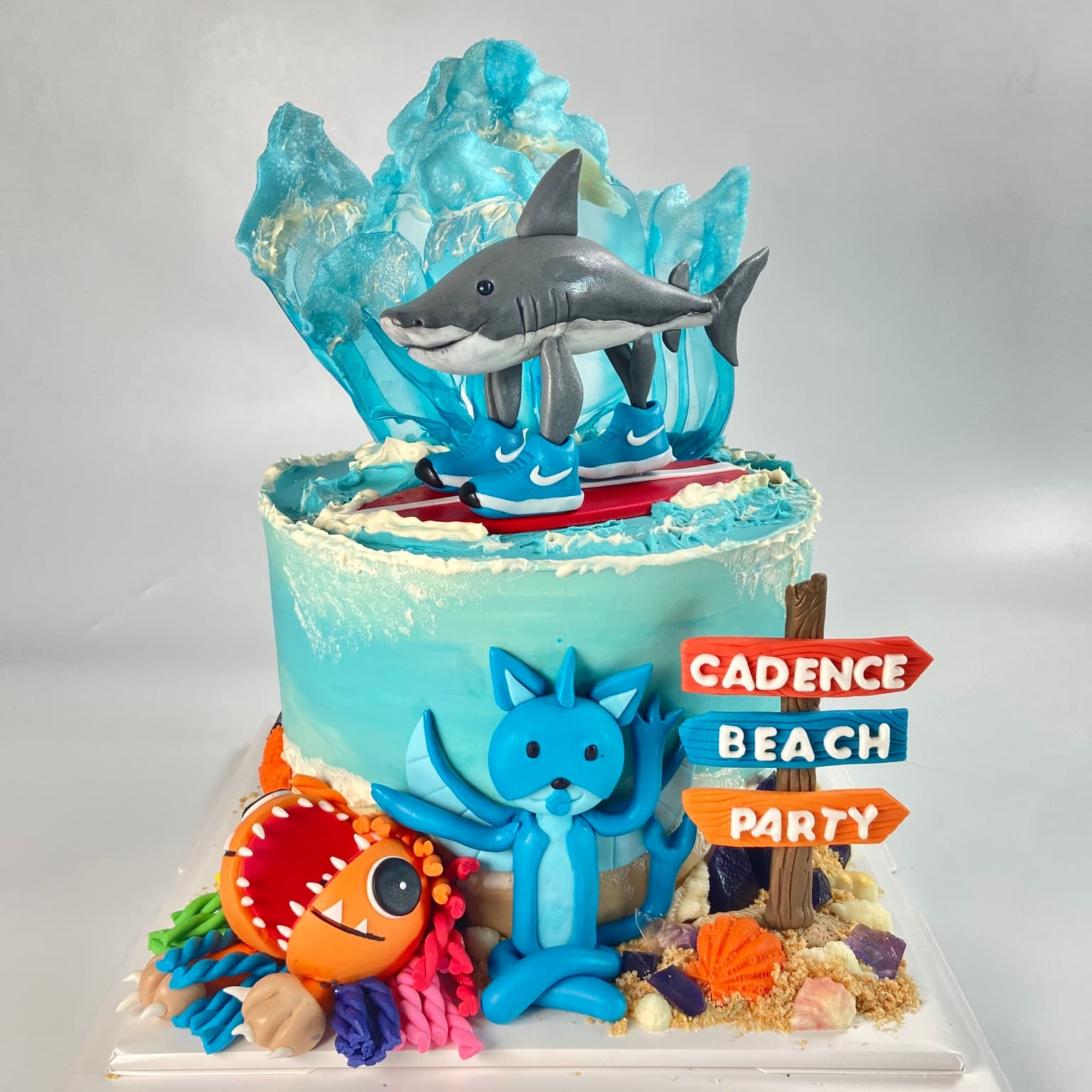 100% edible fondant sculpted custom surfing shark birthday cake
