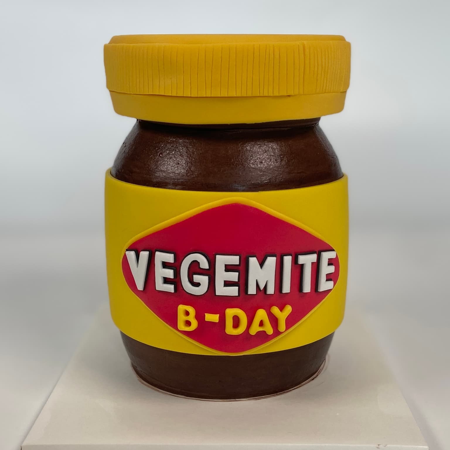 100% edible fondant sculpted Vegemite jar birthday cake
